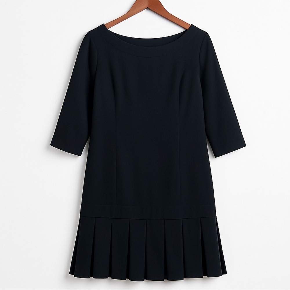 Pendleton Classic Black Vintage Virgin Wool Boatneck Pleated Hem Shift Dress 10